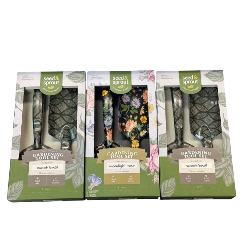 Seed & Sprout Green Thumb Gardening Tool Set - Sweet Basil or Moonlight Rose